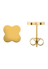 Goldfarbene Steckerohrringe, die die Form eines vierblättrigen Kleeblatts und einen runden Stecker mit einer verriegelbaren Klappvorrichtung aufweisen. Glatte, glänzende Metalloberfläche.