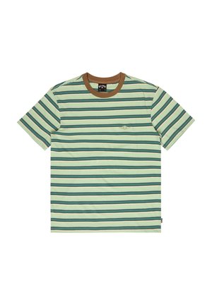 Kurzärmeliges T-Shirt mit horizontalen Streifen in Türkis und Beige sowie einem braunen, gerippten Rundhalsausschnitt.