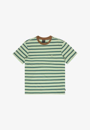 Kurzärmeliges T-Shirt mit horizontalen Streifen in Türkis und Beige sowie einem braunen, gerippten Rundhalsausschnitt.