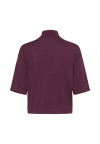 Short-sleeve, maroon pullover with a high collar. Made from knit fabric with a smooth texture. Simple, relaxed silhouette without embellishments.