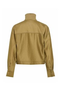 Veste marron clair à manches longues avec col montant, coutures visibles sur les épaules et les manches, et poignets boutonnés, vue de dos.
