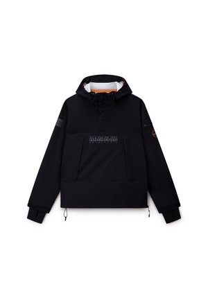 Zwarte hooded pullover jas met voorzak, verstelbare trekkoorden, duimgaten en "Napapijri Geographic" logo op de borst en mouwen.