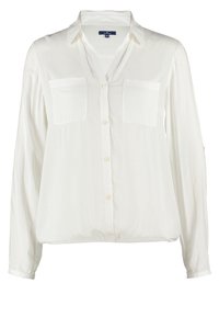 Camicia bianca a maniche lunghe in tessuto leggero, con chiusura a bottoni frontale, due tasche sul petto e un taglio rilassato con orlo curvo.