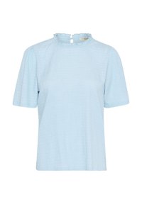 Top azzurro chiaro a maniche corte realizzato in tessuto testurizzato. Presenta un collo arricciato e una piccola apertura sul retro con chiusura a bottone.