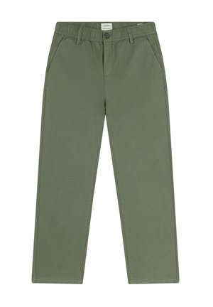 Pantalones de algodón verde con mezcla, cinturilla elástica, bolsillos frontales y corte recto. Diseño simple con un mínimo de detalles.