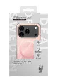 Rose blush glitter glow-etui for iPhone 17 Pro Max. Gjennomsiktig, glatt tekstur med et lysreflekterende design. Kompatibel med MagSafe.