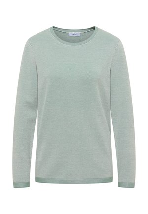Suéter de manga larga verde claro con un patrón de punto texturizado y cuello redondo. Presenta puños y dobladillo acanalados. Etiqueta de la marca visible.