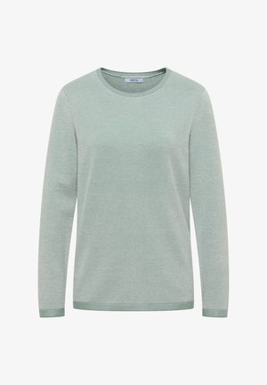 Maglione a maniche lunghe verde chiaro con un motivo a maglia testurizzato e scollo rotondo. Presenta polsini e orlo a costine. Etichetta del marchio visibile.