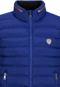 Blauer Puffer-Jacke mit hohem Kragen, horizontalen Nähten, Reißverschlusstaschen und einem kleinen Logo auf der Brust. Mit mehrfarbigen Reißverschlussakzenten.