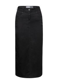 Falda midi de mezclilla negra con cierre de botones en el frente, dos bolsillos frontales y corte recto. Detalles de costura a lo largo de las costuras. Diseño clásico.