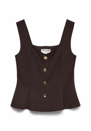 Haut marron foncé sans manches avec encolure carrée et quatre boutons dorés alignés au centre devant, cintré à la taille.