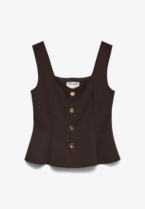 Tamsiai ruda be rankovių palaidinė su kvadratiniu iškirpte ir keturiais aukso spalvos mygtukais per vidurį priekyje, prigludusi ties juosmeniu.