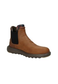 Bottines en cuir marron avec des panneaux latéraux élastiques, un col à motif et une semelle en caoutchouc texturé. Présente un bout rond et une construction durable.