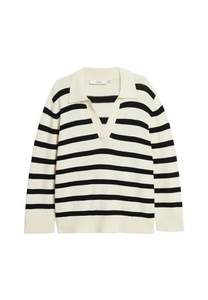 Sort-hvidstribet sweater med V-hals og bred krave. Blødt strikket materiale, lange ærmer, ribkant ved bund og ærmegab.
