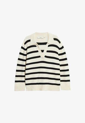 Schwarz-weiß gestreifter Pullover mit V-Ausschnitt und weitem Kragen. Weiches Strickmaterial, lange Ärmel, gerippter Saum und Bündchen.