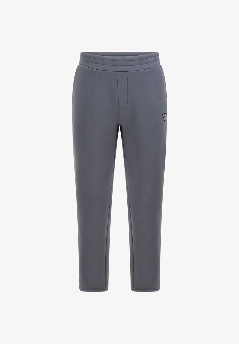 Pantaloni sportivi grigi con una superficie liscia, vestibilità affusolata, vita elastica e un piccolo logo sul lato superiore sinistro.