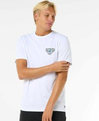 Camiseta de algodón blanca con un pequeño logotipo gráfico en el lado izquierdo del pecho, mangas cortas, cuello redondo clásico y un corte relajado.
