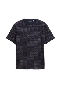 Navy blue cotton t-shirt with a repeated geometric pattern in red and white, featuring a round neckline and short sleeves. Small logo patch included.