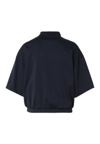 Pull bleu marine à manches courtes avec col côtelé, taille élastique et coupe ample, montré de dos sur fond blanc.