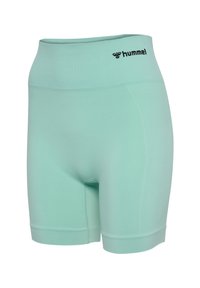 Lysegrønne sømløse sportsshorts med høj talje, bred linning og sort "hummel"-logo på venstre hofte.