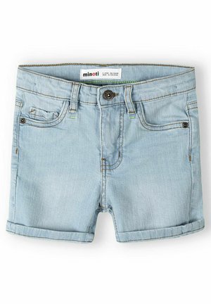 Ljusblå denimshorts med klassisk skärning, med uppvikta fållar, framknäppning och kontrasterande sömdetaljer.