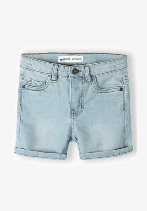 Svetlo modri jeans kratke hlače s klasičnim krojem, z zavitimi robovi, sprednjim gumbom za zapiranje in kontrastnimi šivi.