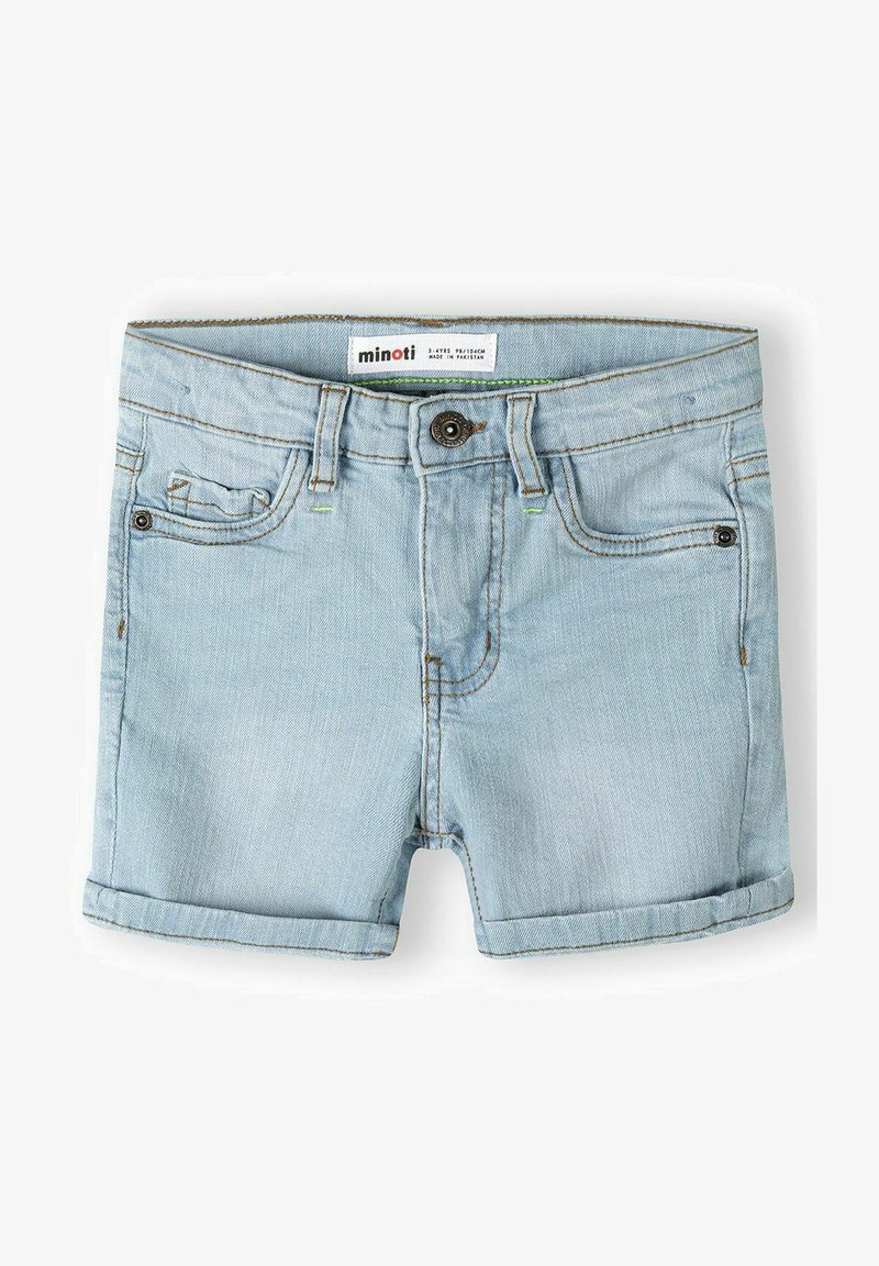 Svetlo modri jeans kratke hlače s klasičnim krojem, z zavitimi robovi, sprednjim gumbom za zapiranje in kontrastnimi šivi.