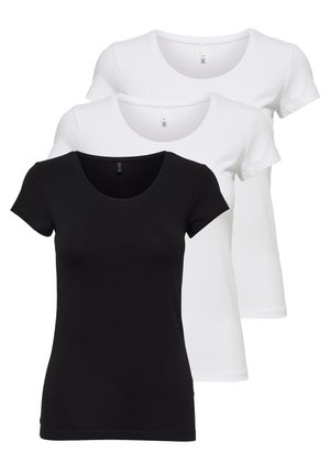 Three short-sleeve t-shirts in black and white, featuring a round neckline and smooth cotton fabric. Two in white, one in black.
