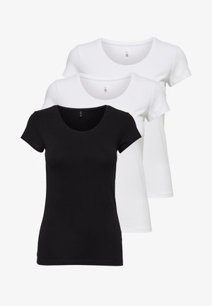 Three short-sleeve t-shirts in black and white, featuring a round neckline and smooth cotton fabric. Two in white, one in black.