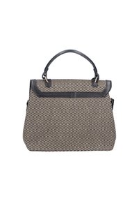 Sac à main tissé texturé noir et beige avec une forme structurée, des accents en cuir, une poignée supérieure et des ferrures en ton or.