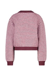 Virkattröja med horisontella bordeaux- och ljusrosa ränder, kort design, rund hals, samt ribbade muddar och nederkant. Mjuk textur.