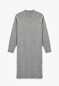 Grijze gebreide jurk met een hoge ribbel halslijn, lange mouwen en ribbel manchetten, met een relaxte pasvorm en een knielange snit.