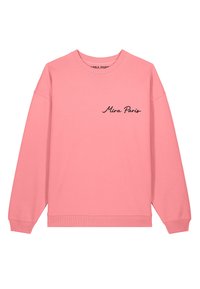 Sweat-shirt rose à manches longues et col rond avec texte noir en cursive « Mira Paris » sur la poitrine gauche, poignets et bas côtelés.