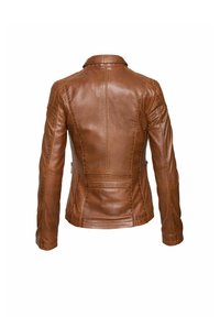 Bruine leren jas met een aansluitende pasvorm, gesteppte schouderaccenten en zijritsen. Beschikt over een soepele textuur en naaddetails.