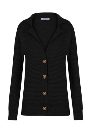 Zwarte gebreide cardigan met een V-hals, textuurdesign en vijf houten knopen aan de voorkant. Lange mouwen en geribde manchetten en zoom.