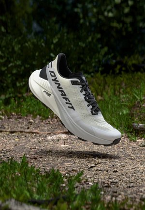 Hellgrauer und schwarzer Dynafit Laufschuh in der Luft über einem Schotterweg mit grüner Vegetation im Hintergrund.