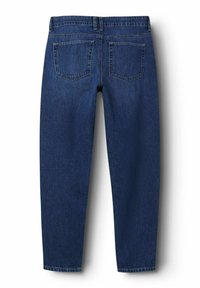 Jeans iz denima temno modre barve, s ravnim krojem, dvema zadnjima žepoma in pasom z zankami za pas. Splošna gladka tekstura.
