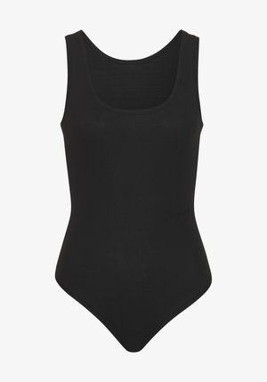 Crni jednocjavni kupaćii s izrezom u obliku žlice, reljefnom teksturom i prilagođenim siluetom. Ima diskretnu oznaku brenda s bočne strane.