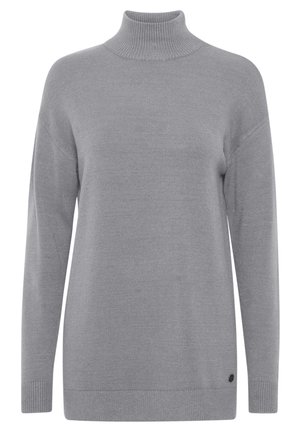 Gray turtleneck sweater with long sleeves, made from soft knit fabric. Features a ribbed collar and cuffs, subtle logo detail near the hem.