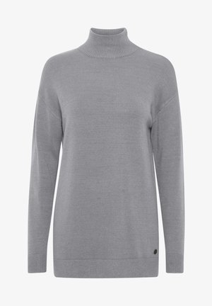 Gray turtleneck sweater with long sleeves, made from soft knit fabric. Features a ribbed collar and cuffs, subtle logo detail near the hem.
