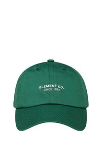Grøn bomulds cap med buet skygge, en knap på toppen, og "ELEMENT CO. SINCE 1992" broderet i hvidt på forsiden.