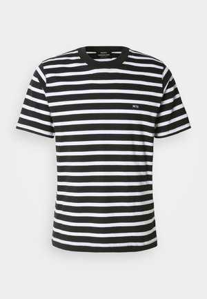 Black and white striped t-shirt with a crew neck, short sleeves, and a small embroidered "MN" on the front. Made from soft cotton fabric.
