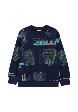 Granatowa bluza z pikselowymi postaciami Minecraft w stylu siatki i tekstem, zawierająca elementy w kolorach niebieskim, zielononiebieskim, pomarańczowym i fioletowym.