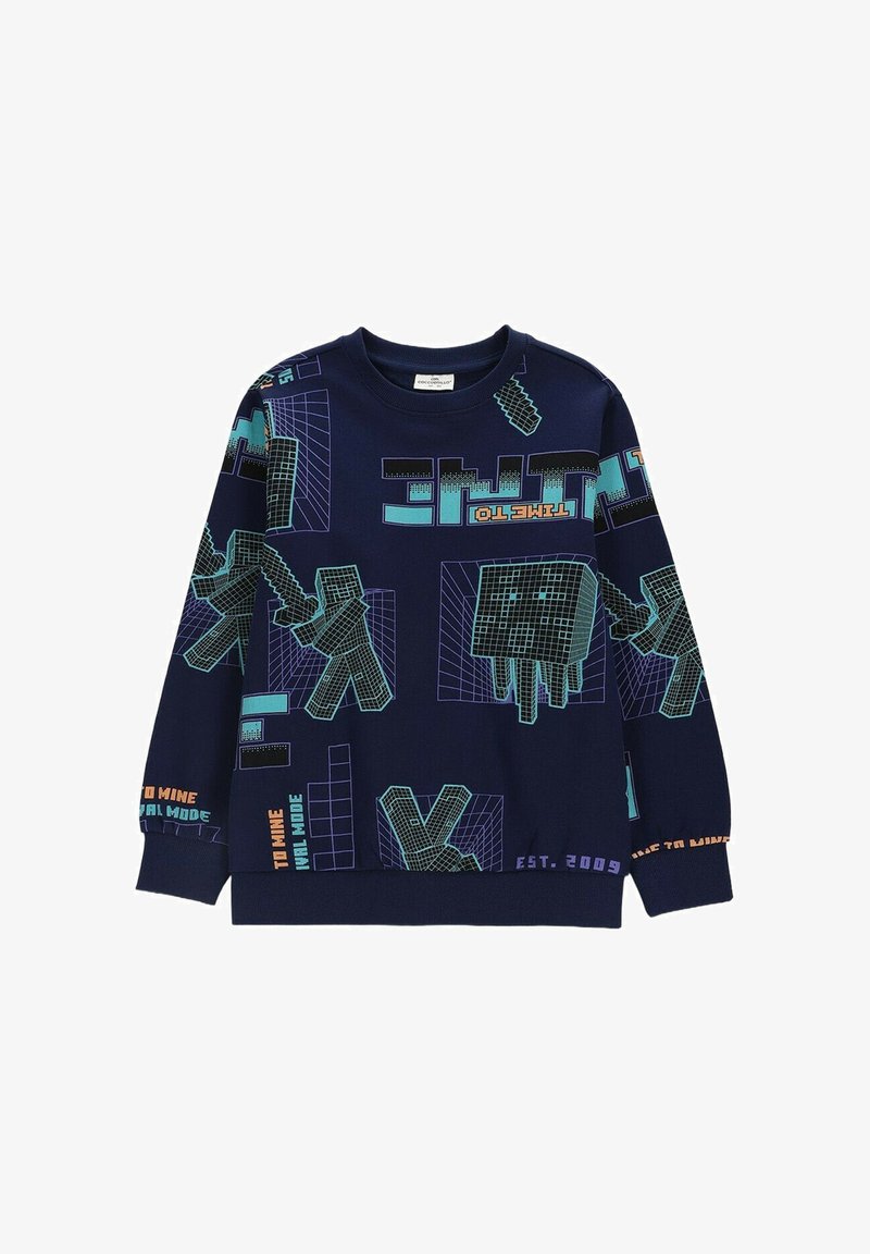 Granatowa bluza z pikselowymi postaciami Minecraft w stylu siatki i tekstem, zawierająca elementy w kolorach niebieskim, zielononiebieskim, pomarańczowym i fioletowym.