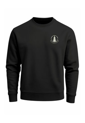 Black sweatshirt made from soft fabric, featuring a round neckline, ribbed cuffs and hem, with a white circular logo on the left chest.