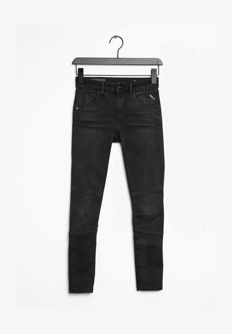 Černé džínové kalhoty slim fit s knoflíkovým zapínáním, pěti kapsami a kontrastními záhyby na kolenou.