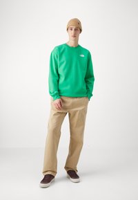 Grønn genser med hvit logo, beige bukser og brune sneakers. Modellen står foran en nøytral bakgrunn med en strikket lue.