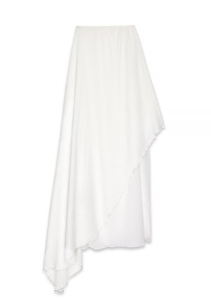 Asimetrinė balta sijonas, pagamintas iš lengvo, tekstūruoto audinio. Turi prigludusį liemenį ir plazdantį, drapiruotą siluetą.