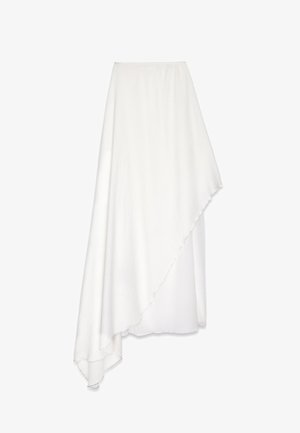 Asymmetrischer weißer Rock aus leichtem, strukturiertem Material. Verfügt über einen taillierten Bund und eine fließende, drapierte Silhouette.