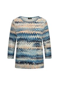 Blau- und cremefarbener Top mit Zickzack-Muster, drei Viertelärmeln und runder Halslinie, aus leichtem Stoff gefertigt.